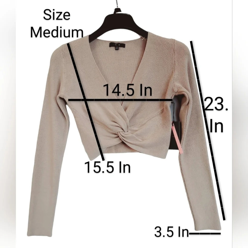 Women's Crop Sweater Taupe Knot Front Cropped V Neck Long Sleeve New - Picture 7 of 13